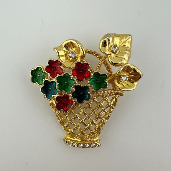 Vintage Gold Tone Enamel Clear Rhinestone Flower Basket Brooch Pin Openwork 1.75 - Picture 3 of 10